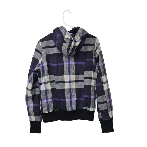 Y2K Fox Rider Faux Fur Lined Plaid Hoodie Jacket Purple/Black Size Medium - Picture 2 of 10